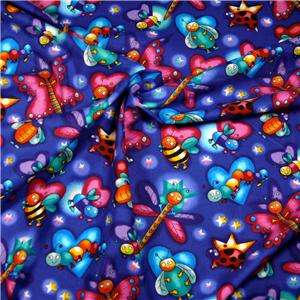 Timeless Treasures Blue Cotton Fabric Bugs! 18 X 20  