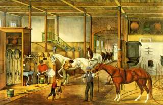 OLD PRINT HORSE STABLE TROTTERS SLEIGHS CARRIAGE SADDLE  