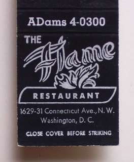 1950s Matchbook The Flame Restaurant Washington DC MB  