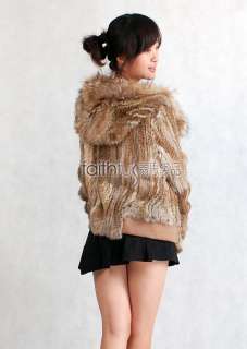 Hooded Rabbit Fur Knitted Jacket Racoon Fur trimmed  