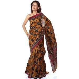 Brown and Black Floral Printed Sari from Kolkata with Sequins and 