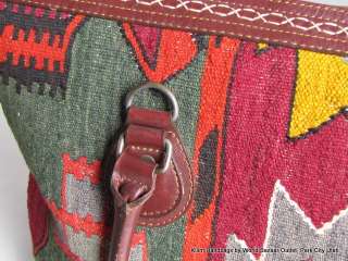 Medium Travel Bag Made w Leather Antique Kilim Turkish  