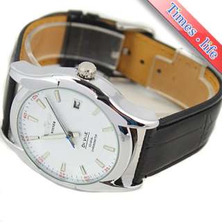 White Dial Date Automatic Mechanical Wrist Watch Leather Mens Fashion 