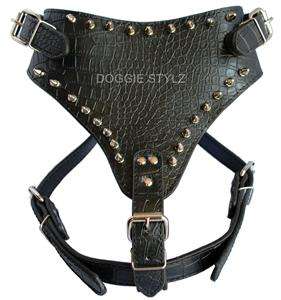 Black & Gold Leather Dog Harness & Collar SET spikes Pitbull Bully 