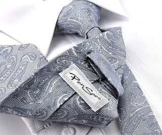 100% Silk Mens Tie Hanky Cufflinks Silver Gray Paisley Necktie