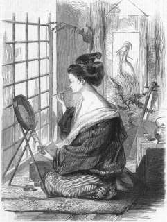 JAPAN Japanese girl painting her lips, old print, 1864  