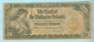BANK OF THE PHILIPPINES ISLANDS 1920 20 PESOS. MORE COINS & NOTES 