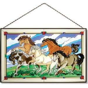  16 x 10 Wild Horses Stained Glass Art Panel by Joan 