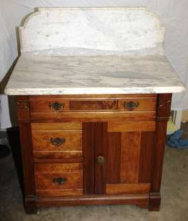 L933 ANTIQUE VICTORIAN 19TH CENTURY MARBLE TOPPED DRY SINK BURL WALNUT 