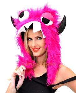Halloween Costume Rave Plush Neon Pink Monster Hood Hoodie Hat Pom Pom 