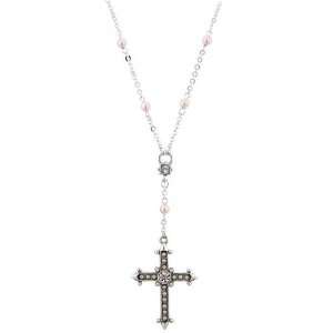  Silver Tone Crystal Pearl Cross Necklace: Jewelry