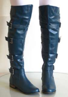 New Womens Thigh Knee High Buckle Military Design Boots  