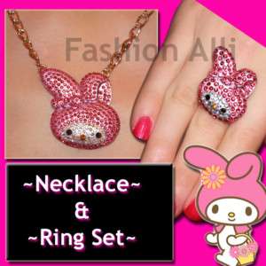 BIG CRYSTAL MY MELODY HELLO KITTY NECKLACE & RING SET♡  