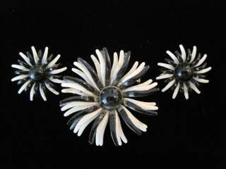 Vintage Black and White Enamel Flower Brooch Earrings Demi Set  