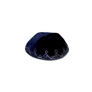  Blue Velvet Kippah with Embroidered Silver Line Design and 