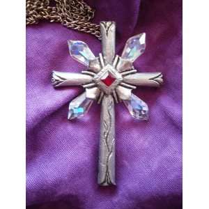   Large Pewter Crystal Cross with Red Center Gemstone 