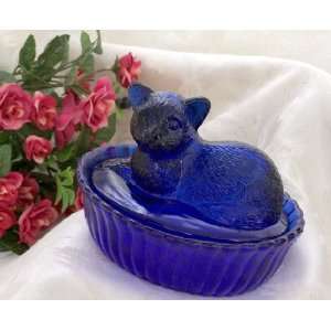  VINTAGE STYLE Cobalt Blue Glass Cat Dish