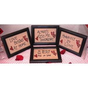   Set of 4 Love Stitchery Frames Wood Cloth Hearts Tan