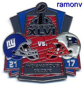 Super Bowl XLVI Dueling Pin w/ Final Score   Giants 21 Patriots 17 NY 