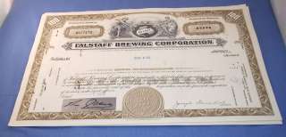   FALSTAFF BEER STOCK CERTIFICATE 100 SHARES FEB 19 1970 READY TO FRAME
