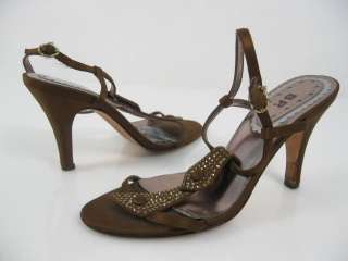 BP Brown Satin Rhinestone Studded Heels Sandals Shoes 4  