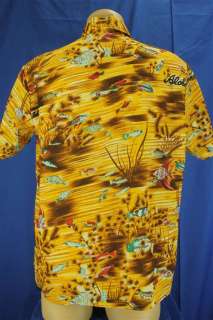   Brown Hawaiian Palm Tree Fish Print SS Button Up Shirt Large  