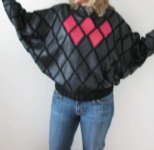   VTG 1970S BLACK FUSHIA PINK HARLEQUIN COCOON LEATHER BATWING TOP~S/M