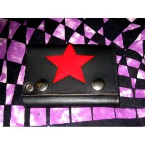  100% LEATHER PUNK EMO Tri Fold Wallet Red Star w/ Chain 