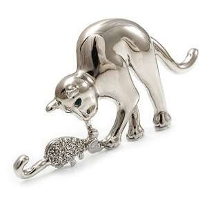  Rhodium Plated Cat & Mouse Brooch: Jewelry