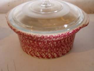 Henn Pottery Cranberry Spongeware 2qt Casserole W/ LID  
