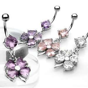  Clover] Belly Ring Dangle with Pink Cubic Zirconia   14G   3/8 Bar 