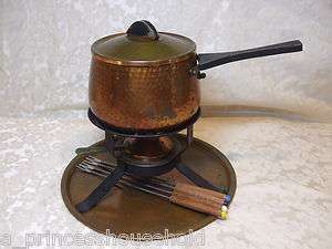 Vintage Hammered Copper Fondue 10 Pc.Set,Pot&Lid,Rod Iron Stand,Warmer 