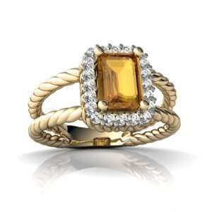   14K Yellow Gold Emerald cut Genuine Citrine Rope Ring Size 7: Jewelry