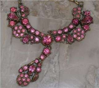 Rare Vtg Signed Claudette Pink Rhinestone Necklace & Earrings Demi 