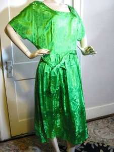 Vintage 1950s Green Satin Shirtwaist Dress~Extra Large!~Mad Men~Metal 