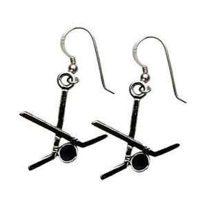 Silver Hockey Sticks and Puck Earrings 