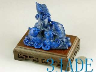  Lapis Lazuli Gemstone Carving / Sculpture: Birds / Fish / Lotus Statue