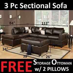 Sectional Sofa Set 3 Pc Set w/ FREE Storage Ottoman & Pillows Couch In 