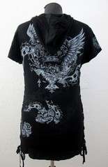   Womens Black Short Sleeve Shirt Rhinestone Crown Wings Hoodie Top NEW
