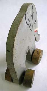 ELEPHANT ROLLING TOY CARVED WOOD ON WHEELS c1930 SMALL  