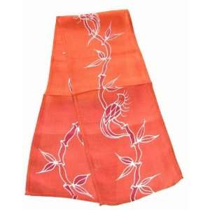 Thai Hand Painted Batik 100% Pure Silk Fabric Scarf Shawl Orange Base 