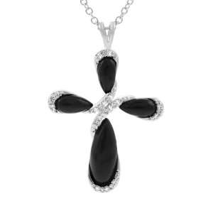  Sterling Silver CZ Accented Black Cross Necklace: Jewelry