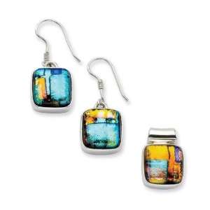   Muliticolor Dichroic Glass Square Shaped Earrings & Pendant: Jewelry