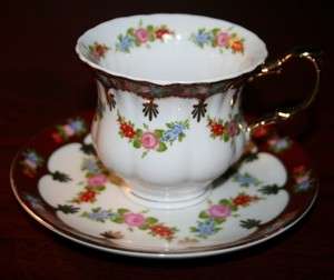   Porcelain Cup & Saucer Gold Trim Rich Dark Red w/Floral Accent ~ EUC