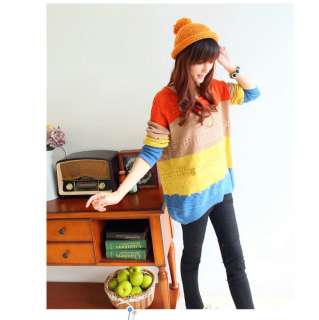 FANCYQUBE CASUAL MULTICOLOR STRIPES PATCHWORK JUMPER PULLOVER ZZ00174 