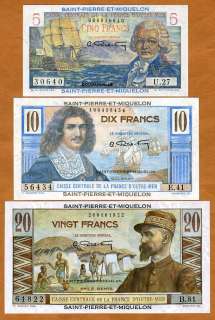 Set, St. Pierre & Miquelon, 5;10;20 Francs, 1950 1960, P 22;23;24, UNC 
