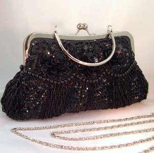   SEQUIN SEED BEAD BEADED EVENING BAG PARTY CLUTCH PURSE w/ Chain  