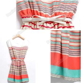   Colorful Stripes Summer Chiffon Dress Clubwear Free Bowknot Belt