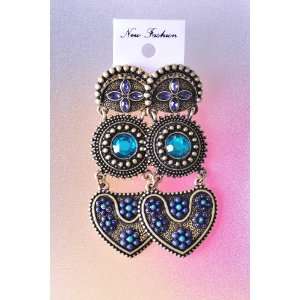 Retro Astrological 3 Dangles Earring with Swarovski Crystals Embedded