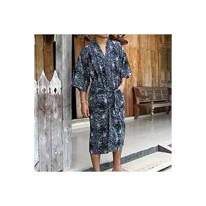  NOVICA Mens cotton batik robe, Black Cosmos